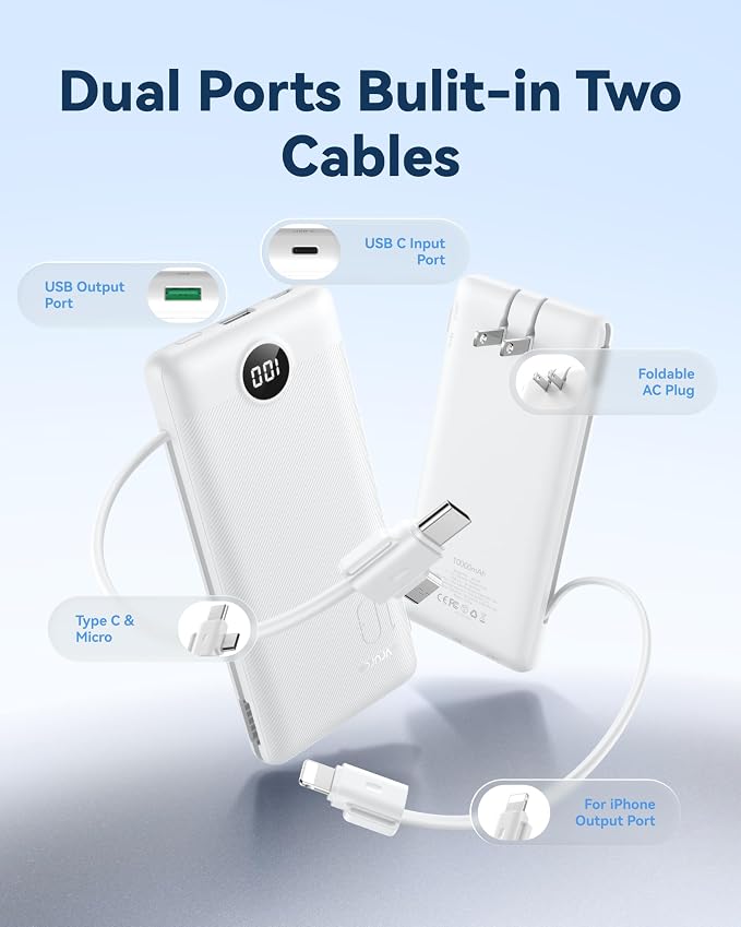 VRURC Portable Charger Power Bank - 10000mAh Fast Charging 22.5W PD 20W Slim Portable Charger Built in Cables,Power Bank with Cords,USB C Portable Phone Charger Travel Accessories -White