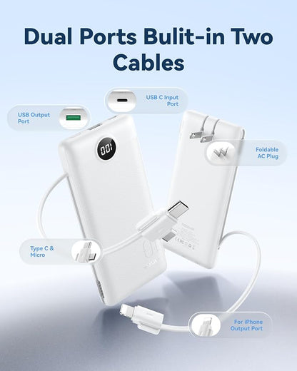 VRURC Portable Charger Power Bank - 10000mAh Fast Charging 22.5W PD 20W Slim Portable Charger Built in Cables,Power Bank with Cords,USB C Portable Phone Charger Travel Accessories -White