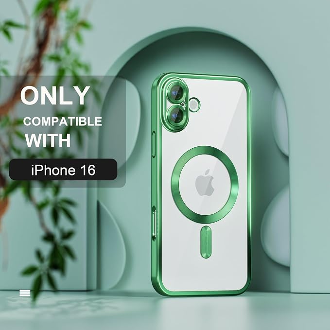Misea Magnetic for iPhone 16 Case Compatible with MagSafe [Never Yellowing] [Military Grade Drop Protection] Full Camera Lens Protector Plating Soft Clear Phone Case for Women 6.1 inch, Green
