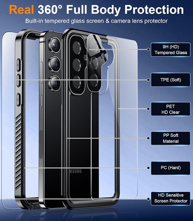 Temdan Designed for Samsung Galaxy S24 Case,Waterproof Built-in Lens & Screen Protector [Full Body Shockproof][Military Drop Proof][IP68 Underwater] Phone Case for Galaxy S24 5G-Black (2024)