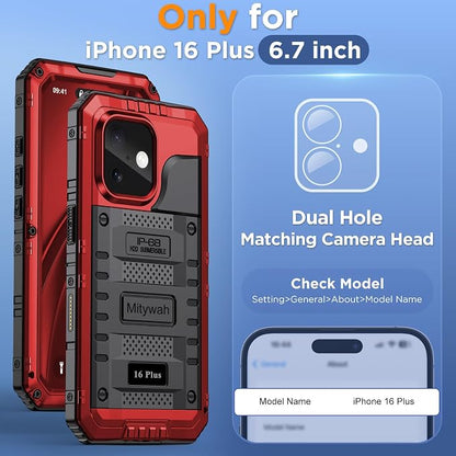 Mitywah Waterproof Case for iPhone 16 Plus, Shockproof Heavy Duty Case with Built-in Screen Protector, Underwater Full Body Protective Metal Case 6.7 inch, Red