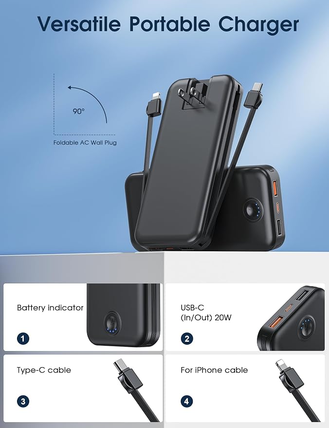 Nusyddy Portable Charger 10000mAh PD20W w/Built-in Cables & Wall Plug Black | PD20W Fast Charging, Battery Indicator, Pass Through Charging, TSA Approved, Compact/Slim, Power Bank for iPhone/iPad/Samsung