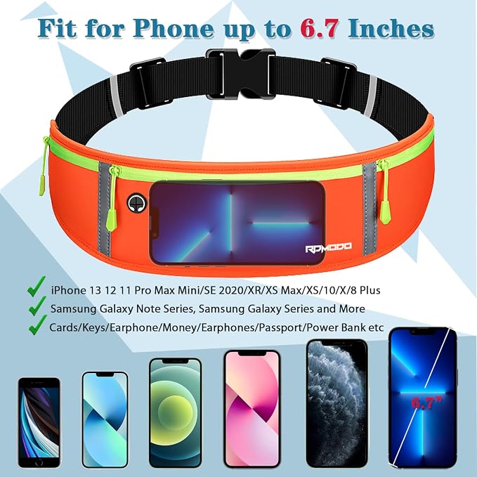 Fanny Pack for Men, Running Belt Waist Pack for Women Water Resistant Running Pouch Slim Large Capacity 3 Pockets Reflective Strip Flip Belt for iPhone 13 14 15 16 Plus Pro Max Workout Orange