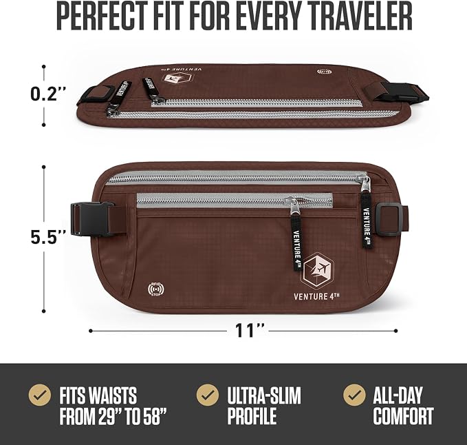VENTURE 4TH Money Belt for Travel – Hidden Under-Clothes RFID Blocking Passport Holder & Slim Travel Wallet Pouch for Men & Women to Protect Cash, Cards & Documents (Brown)