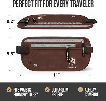 VENTURE 4TH Money Belt for Travel – Hidden Under-Clothes RFID Blocking Passport Holder & Slim Travel Wallet Pouch for Men & Women to Protect Cash, Cards & Documents (Brown)