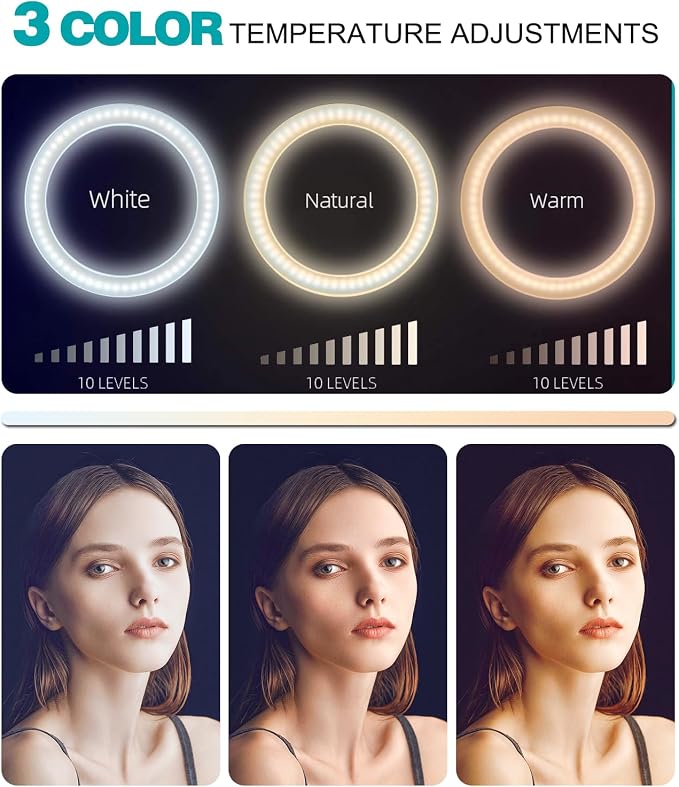 10" Selfie Ring Light with 10" Stand and 60" Selfie Stick, 3 Color Light Adjustment Suitable for Phones and Cameras, Makeup/Live Streaming/Taking Photos