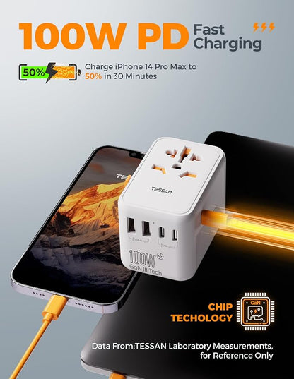 TESSAN Universal Travel Adapter 100W GaN | International Power Adapter, 5 USB Ports (3 USB C), Worldwide Outlet US to Europe UK AUS Ireland, Type C/G/A/I