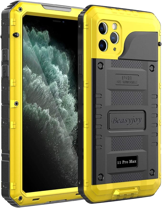 Beasyjoy for iPhone 11 Pro Max Case Waterproof Metal Case Heavy Duty Built-in Screen Full Body Protective Shockproof Military Grade Yellow