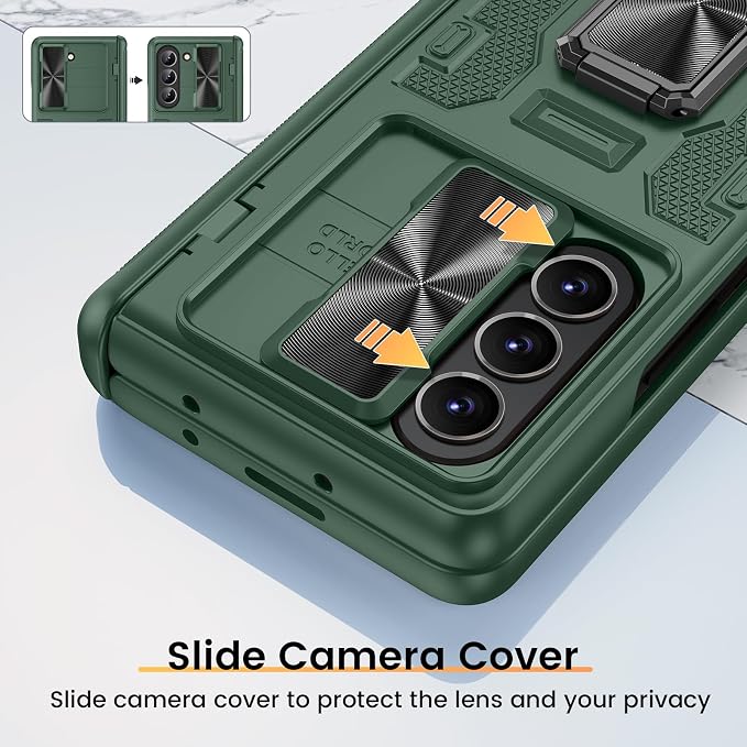 VEGO for Samsung Galaxy Z Fold 5 Case with Hinge Protection,Green | Full-Body Case Built-in Privacy Screen Protector, Slide Lens Cover, Ring Stand Shockproof Phone Case for Galaxy Fold 5