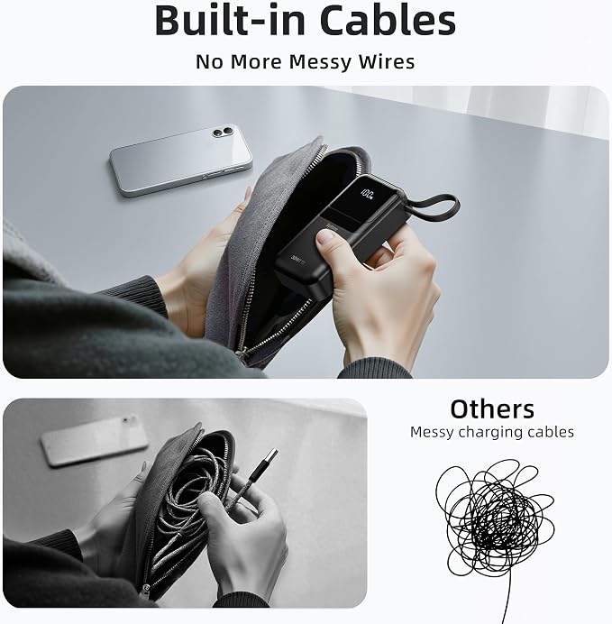 PD 30W Fast Charging Portable iPhone Charger 10 000mAh Mini Size Power Bank with Built in USB C & Lightning Cable, LED Display, Travel Battery Pack for iPhone 16/15/14/13 Series Samsung etc