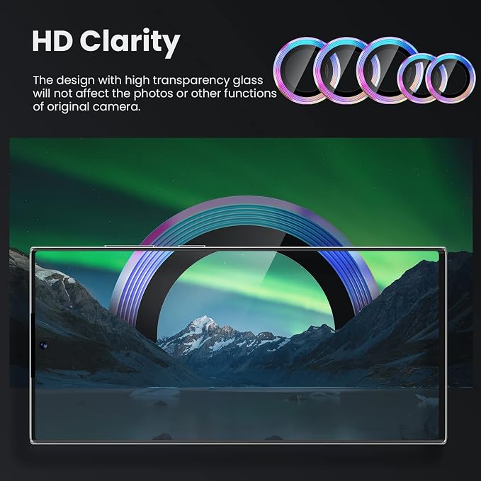 Tensea [3+2PCS for Samsung Galaxy S22 Ultra Camera Lens Protector, 9H Tempered Glass Camera Cover Screen Protector Metal Individual Ring, S22 Ultra 5G 2022 [Installation Tray][Removal tool]- Colorful