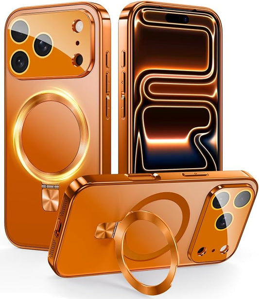 Magnetic for iPhone 17 Pro Case with Ring Stand, Fits MagSafe, with Built-in Camera Cover, Slim Electroplated Shockproof Phone Case, Orange