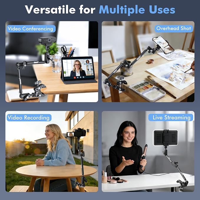 EMART Overhead Phone Mount with 22" Magic Arm, Super Clamp with 1/4" 3/8" Threads for ARRI, Flexible Camera Desk Mount, Adjustable Articulating Boom Arm for Webcam/Mic/Action Camera/Phone/Video Light