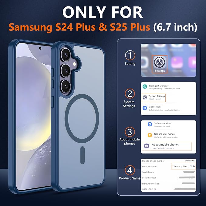 For Samsung Galaxy S24 Plus Case & S25 Plus Case [Compatible with Magsafe] Translucent Matte Magnetic,Slim Thin Duty Shockproof with Screen Protector Protection Case for S24 Plus/S25 Plus-Dark blue