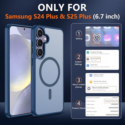 For Samsung Galaxy S24 Plus Case & S25 Plus Case [Compatible with Magsafe] Translucent Matte Magnetic,Slim Thin Duty Shockproof with Screen Protector Protection Case for S24 Plus/S25 Plus-Dark blue