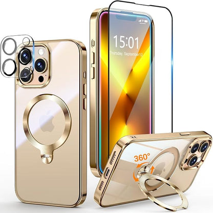 [Tri-Shield Protection] for iPhone 13 Pro Case with 360° Spin Stand Compatible with MagSafe [Magnetic CD Ring] [Screen & Camera Lens Protector] Shockproof Plating Never-Yellowing, Gold-6.1"