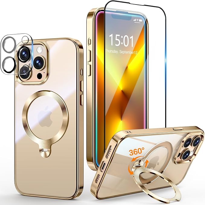 [Tri-Shield Protection] for iPhone 13 Pro Max Case with 360° Spin Stand Compatible with MagSafe [Magnetic CD Ring] [Screen & Camera Lens Protector] Shockproof Plating Never-Yellowing, Gold-6.7"
