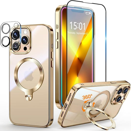 [Tri-Shield Protection] for iPhone 13 Pro Max Case with 360° Spin Stand Compatible with MagSafe [Magnetic CD Ring] [Screen & Camera Lens Protector] Shockproof Plating Never-Yellowing, Gold-6.7"