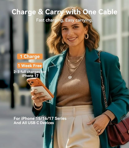 TORRAS Power Bank with Built-in USB-C Cable (No-Wireless), Ultra-Slim 10,000mAh Portable Charger USB C, 22.5W Fast Charging Battery Pack for iPhone 17/16/15 Series, Phone air, Galaxy, Pixel, White