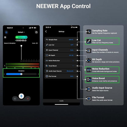 NEEWER CM26 Pro AI Wireless Microphone Compatible with iPhone Android Phone Camera PC, Lavalier Lapel Mic DSP/MCU Noise Cancellation Mute Gain Low Cut 48KHz/24Bit 88dB SNR 50H Battery 100m Range