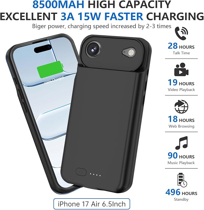 BOPPS Battery Case for iPhone 17 Air 【2026 New】,Powerful 8500mAh Portable Charger Case 360°Protection Rechargeable Extended Charging case for iPhone 17 Air 6.5inch,(Black)