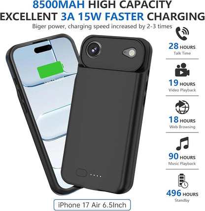 BOPPS Battery Case for iPhone 17 Air 【2026 New】,Powerful 8500mAh Portable Charger Case 360°Protection Rechargeable Extended Charging case for iPhone 17 Air 6.5inch,(Black)