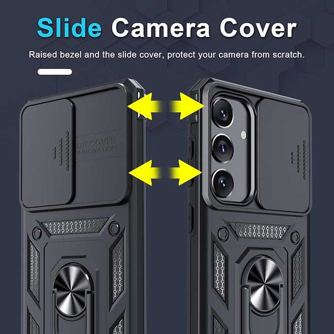 Janmitta Compatible with Samsung Galaxy S25 Plus/S24 Plus Case Built in Slide Camera Lens Cover+Screen Protector+Finger Ring Holder Kickstand,Heavy Duty Shockproof Full Body Phone Cover,Black