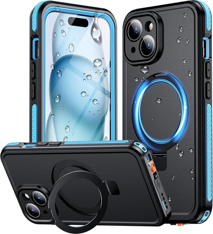 Temdan Magnetic for iPhone 15 Case Waterproof, [Built-in Ring Invisible Stand & Screen Protector][IP68 Underwater][Dropproof][Dustproof][Real 360] Shockproof Protective Phone Case 6.1'' -Blue
