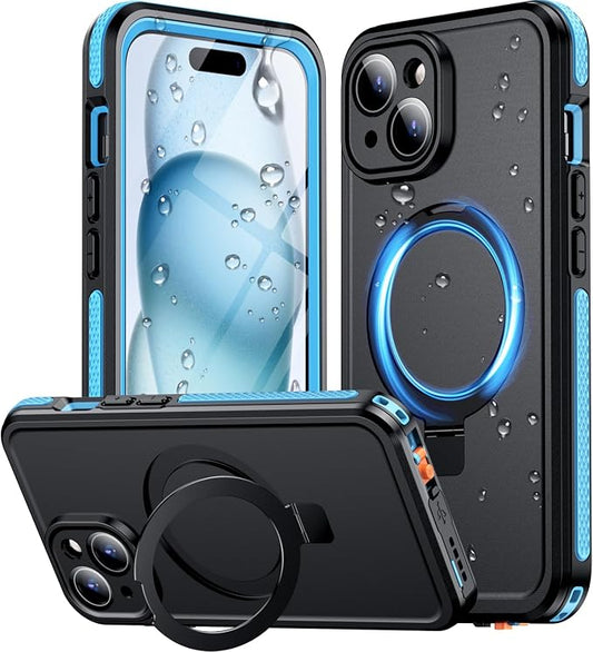 Temdan Magnetic for iPhone 15 Case Waterproof, [Built-in Ring Invisible Stand & Screen Protector][IP68 Underwater][Dropproof][Dustproof][Real 360] Shockproof Protective Phone Case 6.1'' -Blue