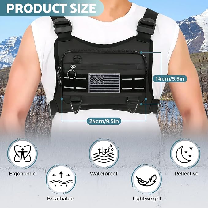 Muserise Sports Chest Bag For Men, Water Resistant Lightweight Front Running Vest Bag With Built-In Phone Holder & Extra Storage For Workouts, Cycling (Black)