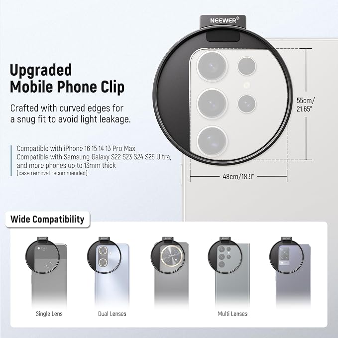 NEEWER Clip On Phone Filter Kit, 67mm Multicoated Variable ND Filter ND2-32 with Cold Shoe Cell Phone Clamp, Carrying Case & Cleaning Cloth Accessories Compatible with iPhone Samsung Android, FL-82