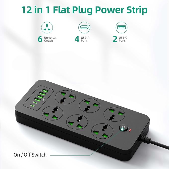 Power Strip with 6 Universal Outlets 4 USB 2 USB C Ports, 3.1A, Overload Protection, 3000w, 110-240v, International Power Adapter for Home Office Travel Essentials, EU Plug, Black