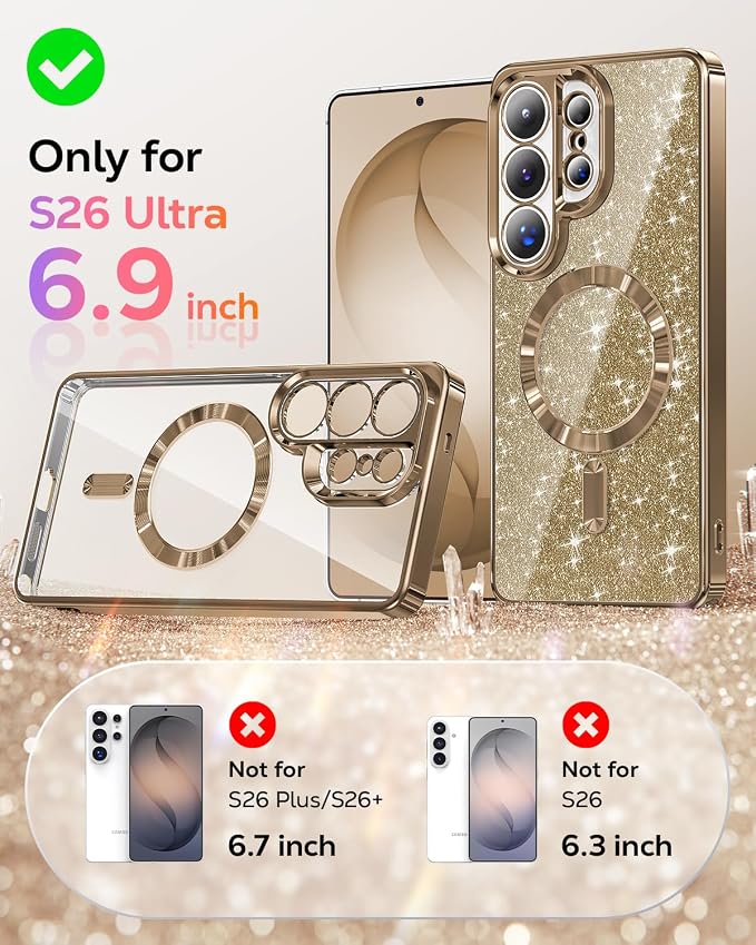 Meifigno Magnetic Case Designed for Samsung Galaxy S26 Ultra 6.9", [Compatible with MagSafe] [Removable Glitter Card & Wrist Strap], Surround Lens Protection Case for Galaxy S26 Ultra, Desert Titanium