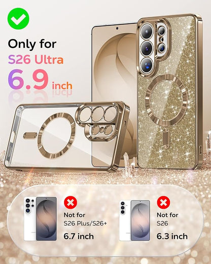 Meifigno Magnetic Case Designed for Samsung Galaxy S26 Ultra 6.9", [Compatible with MagSafe] [Removable Glitter Card & Wrist Strap], Surround Lens Protection Case for Galaxy S26 Ultra, Desert Titanium