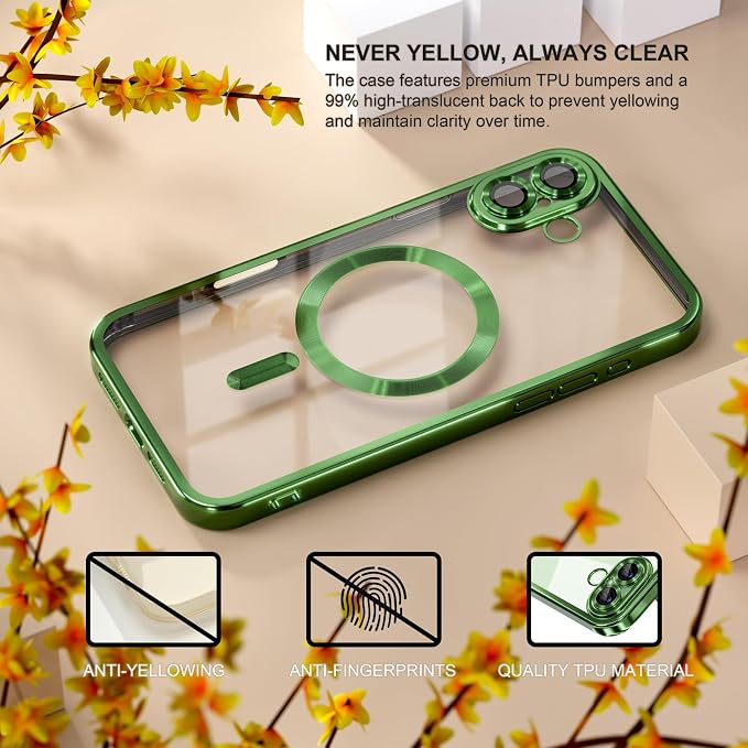 Misea Magnetic for iPhone 17 Case Compatible with MagSafe [Never Yellowing] [Military Grade Drop Protection] Full Camera Lens Protector Plating Soft Clear Phone Case for Women, Green