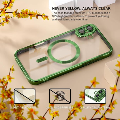 Misea Magnetic for iPhone 17 Case Compatible with MagSafe [Never Yellowing] [Military Grade Drop Protection] Full Camera Lens Protector Plating Soft Clear Phone Case for Women, Green