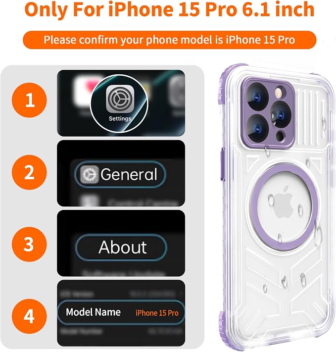 for iPhone 15 Pro Waterproof Case, IP68 Underwater Case Built-in Screen Protector, 360 Full Body Compatible with MagSafe, 12FT Military Grade, Slim Translucent Protective Cover 6.1 inch Purple