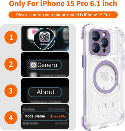 for iPhone 15 Pro Waterproof Case, IP68 Underwater Case Built-in Screen Protector, 360 Full Body Compatible with MagSafe, 12FT Military Grade, Slim Translucent Protective Cover 6.1 inch Purple
