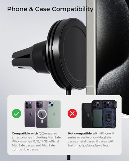 iOttie Velox Qi2 Mini Wireless Charging Car Mount - MagSafe Compatible Air Vent Phone Mount with 15W Charging for Qi2-enabled Smartphones Including iPhone 12, 13, 14, 15 and 16. Car Charger Included.