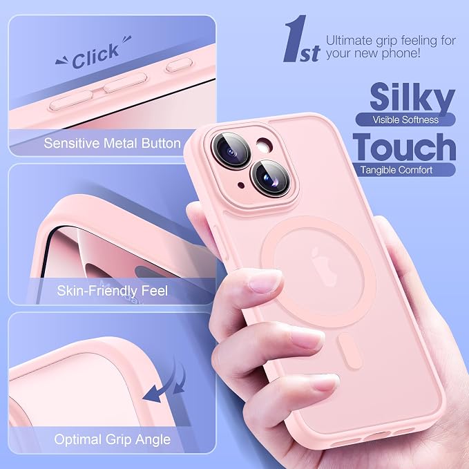 Compatible with iPhone 15 Case with Built-in Camera Lens Protectors Shockproof Translucent Magnetic iPhone 15 Phone Case 6.1" [Compatible with Mag-Safe][Great Grip Feeling], Pink