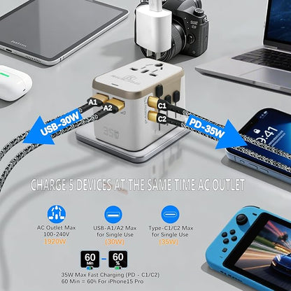 Universal Travel Adapter with 4 Ports (2 USB-C & 2 USB-A) Fast Charging 35W Worldwide All-in-One Power Adapter for USA, Europe, UK, Australia & 150+ Countries