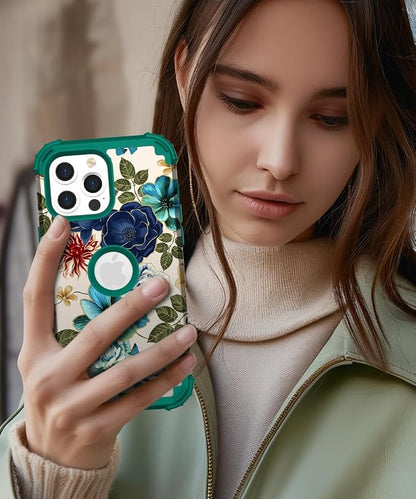 Hocase for iPhone 16 Pro Max Case, Heavy Duty Shockproof Protection Soft Silicone Rubber+Hard Plastic Bumpers Hybrid Protective Case for iPhone 16 Pro Max 2024 - Teal Flowers