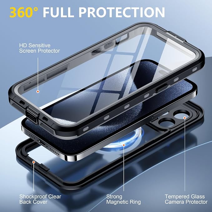 Red2Fire for iPhone 15 Pro Max Case Waterproof, [Built-in Screen Protector & Camera Protector][Compatible with MagSafe][Full Body Shockproof][IP68 Waterproof][Dustproof] Phone Case 6.7" Black/Clear