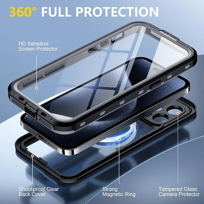 Red2Fire for iPhone 15 Pro Max Case Waterproof, [Built-in Screen Protector & Camera Protector][Compatible with MagSafe][Full Body Shockproof][IP68 Waterproof][Dustproof] Phone Case 6.7" Black/Clear