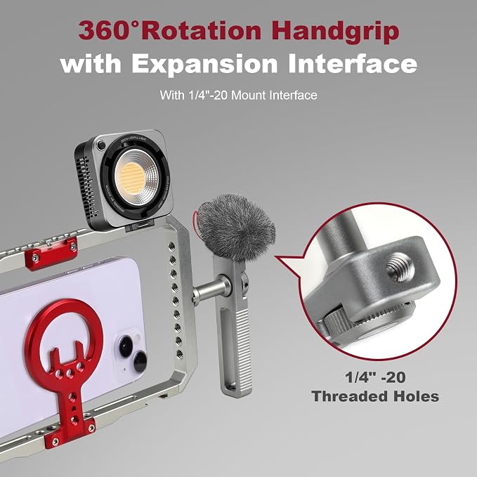 Magnetic Phone Cage with Handle,Smartphone Cage Kit with 360° Rotation Handgrip and Magnetic Sticker for Photography,Compatible with iPhone 17/16/15/14/13 Series and Andriod Phones (Silver+Red)