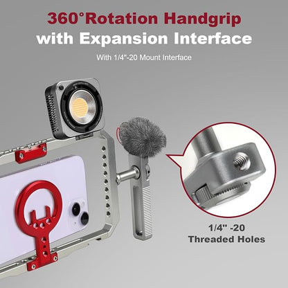 Magnetic Phone Cage with Handle,Smartphone Cage Kit with 360° Rotation Handgrip and Magnetic Sticker for Photography,Compatible with iPhone 17/16/15/14/13 Series and Andriod Phones (Silver+Red)