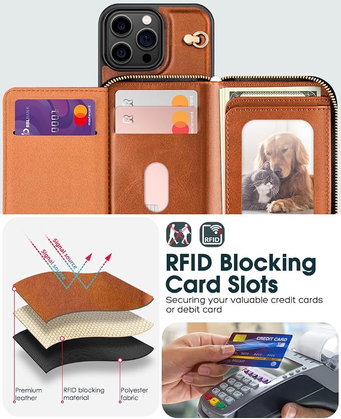 OCASE Compatible with iPhone 16 Pro Max Crossbody Wallet Case with Card Holder, PU Leather Zipper Handbag Phone Purse with RFID Blocking Kickstand Wrist Strap Lanyard 6.9 Inch, Brown