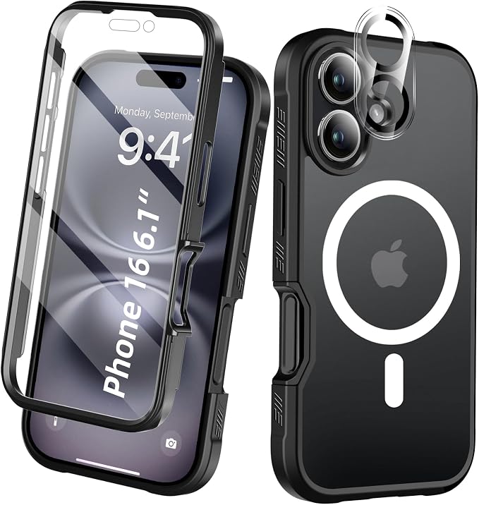 Compatible with iPhone 16 Case, Built-in Screen Protector, with Camera Lens Protector, [Compatible with MagSafe] Matte Back Full Body Phone Case, Magnetic Protective Cover for 16 6.1" (Black)