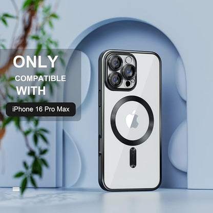 Misea Magnetic for iPhone 16 Pro Max Case Compatible with MagSafe [Never Yellowing] [Military Grade Drop Protection] Full Camera Lens Protector Plating Soft Clear Phone Case for Women 6.9", Black