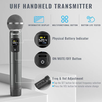 Phenyx Pro Wireless Microphone System,Metal Wireless Mic Set w/Handheld/Bodypack/Headset/Lapel Mics,2 x 30 UHF Frequencies, 200 ft Range, Cordless Mic for Singing, Karaoke, Church (PTU-52-1H1B)
